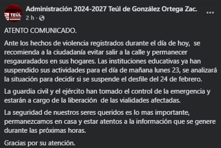 Comunicado del municipio de Teúl de González Ortega