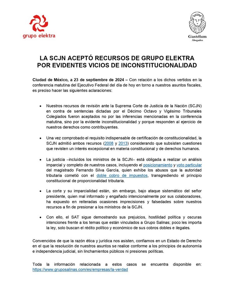 SCJN admitió recursos ante 'evidente inconstitucionalidad' de sentencias, responde Grupo Salinas a AMLO.
