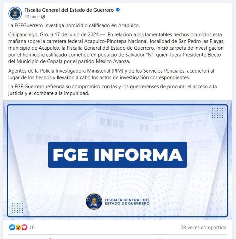 Comunicado de la Fiscalía de Guerrero.