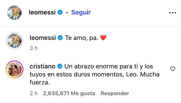 Cristiano Ronaldo lanza mensaje de apoyo para Messi por el fallecimiento de su padre