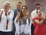 El Presidente Andrés Manuel López Obrador junto a la gobernadora Mara Lezama.