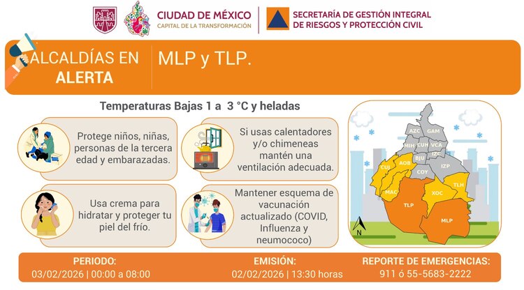 Alcaldías con Alerta Naranja por frío para el amanecer de este martes 3 de febrero de 2026.