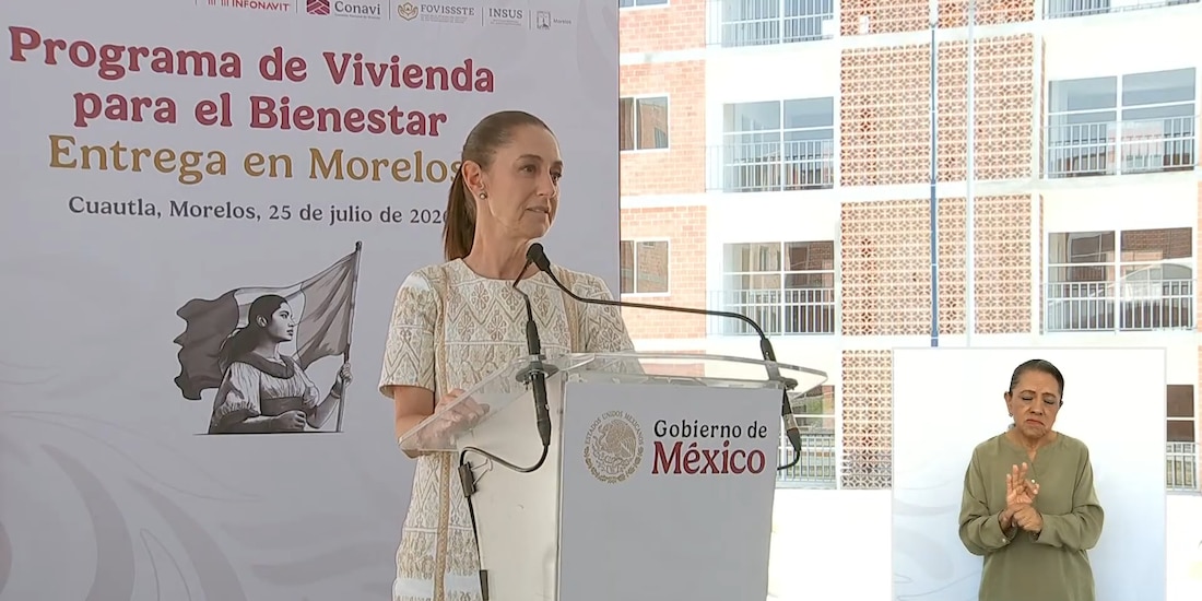 Claudia Sheinbaum, presidenta de México, en un evento desde Cuautla, Morelos.