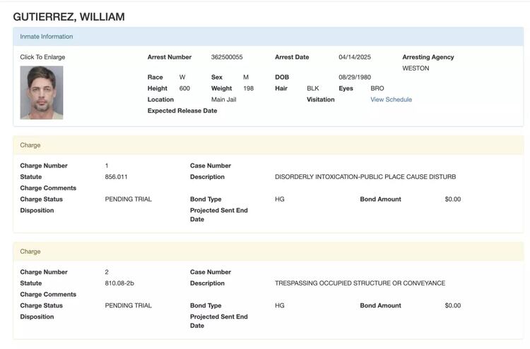 Ficha de detención de William Levy