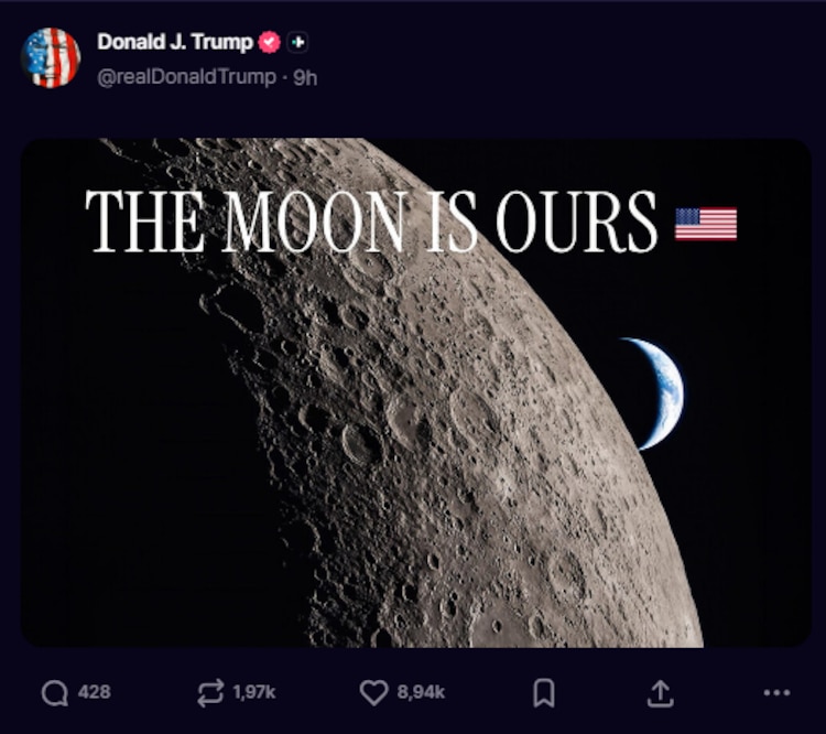 Donald Trump compartió una imagen donde afirma que la Luna pertenece a Estados Unidos