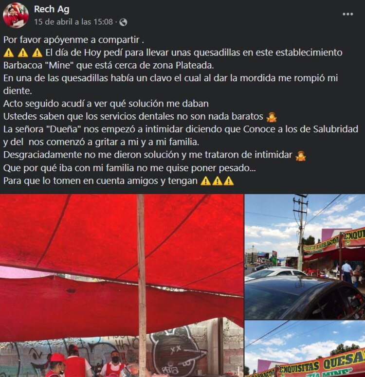 Joven acusa que luego de comer una quesadilla se le rompió su diente y no se hiceron responsables.