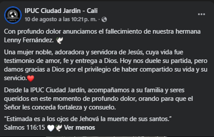 Mensaje de condolencia tras la muerte de Lenny Fernández