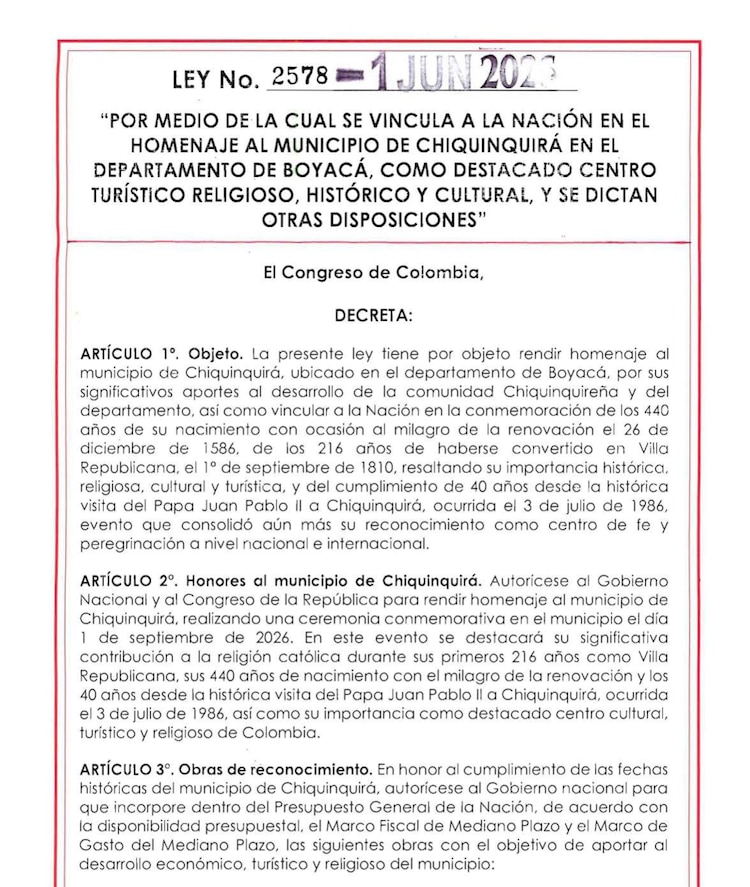 Ley para el homenaje del municipio de Chiquinquirá