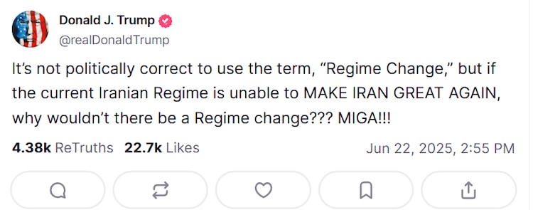 Publicación de Donald Trump sobre el régimen iraní en Truth Social.