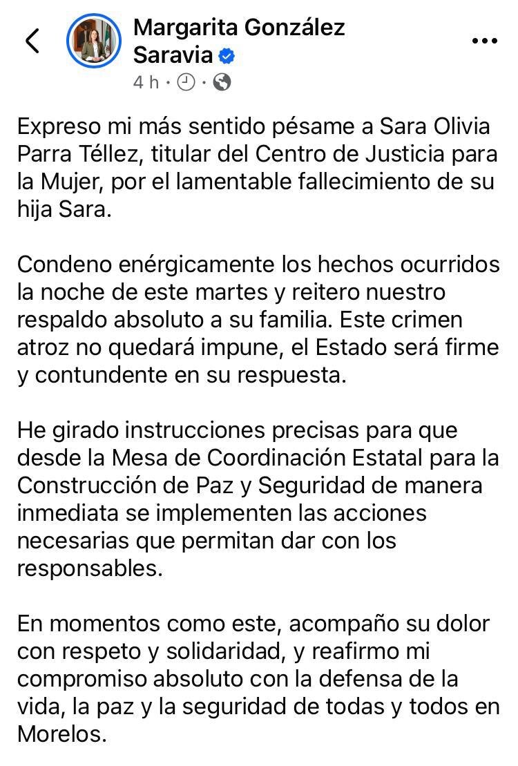 Imagen del mensaje en X de la Gobernadora.