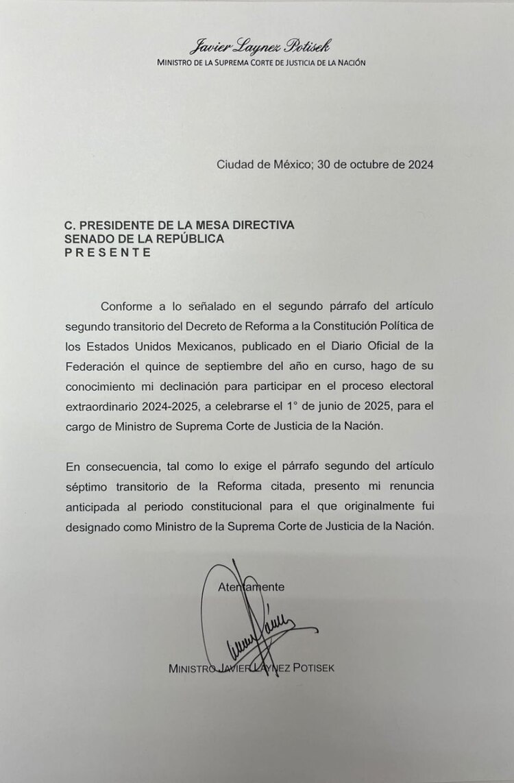 Ministro Javier Laynez presenta su renuncia