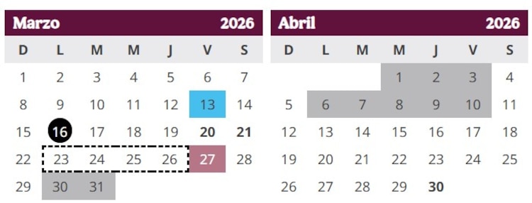 En gris, los días de Semana Santa de 2026 que serán vacaciones, según el calendario de la SEP.
