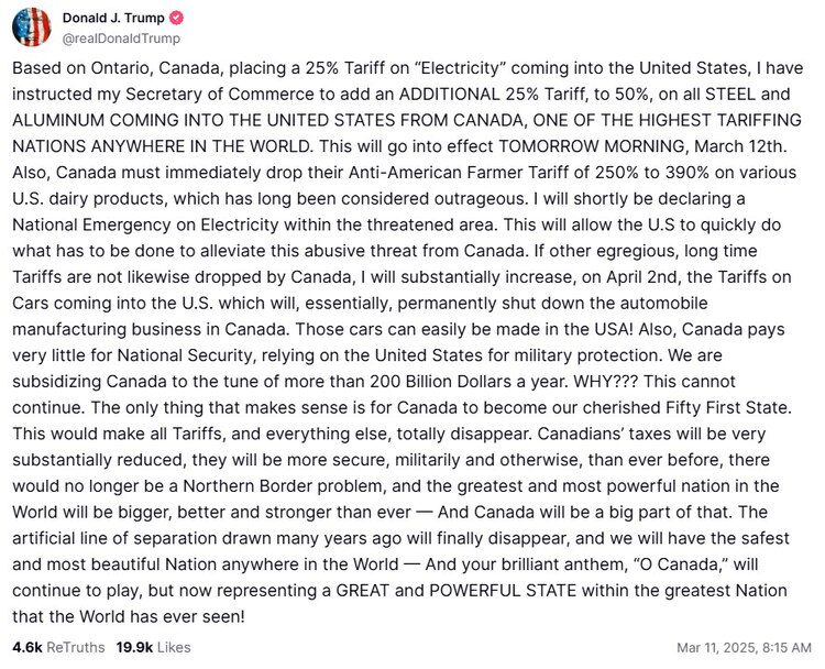 Mensaje de Donald Trump en truth.