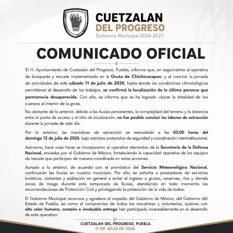 Comunicado del Ayuntamiento de Cuetzalan del Progreso, Puebla.