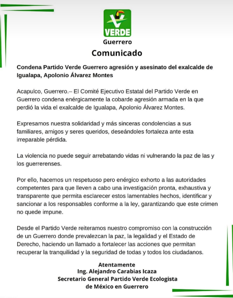 Comunicado del Partido Verde por el asesinato de Apolonio Álvarez Montes.