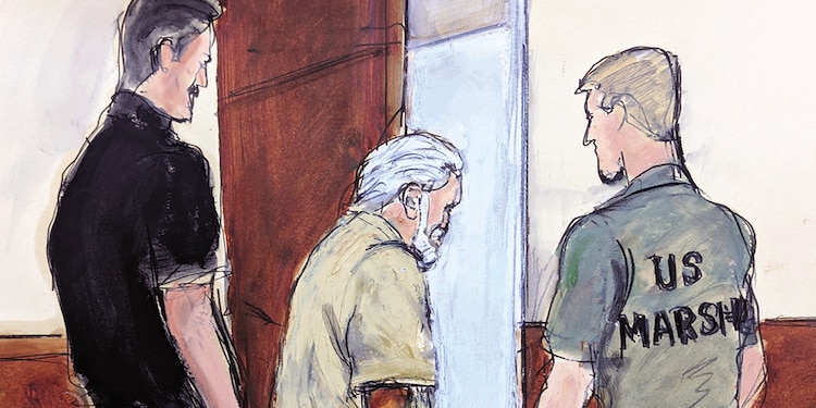 Boceto del juicio de Ismael Zambada García ante la Corte de Nueva York, EU, ayer.