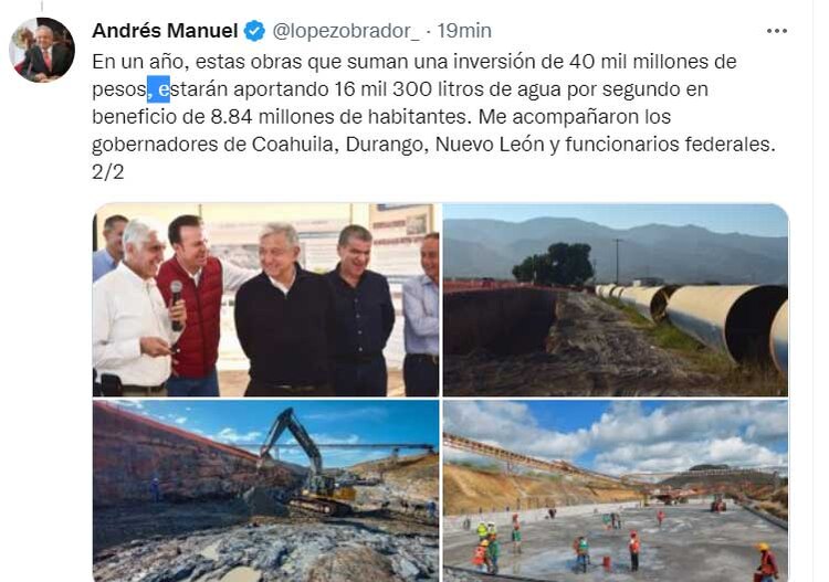 AMLO supervisa obras en Coahuila y Durango para abastecer agua a ciudadanos