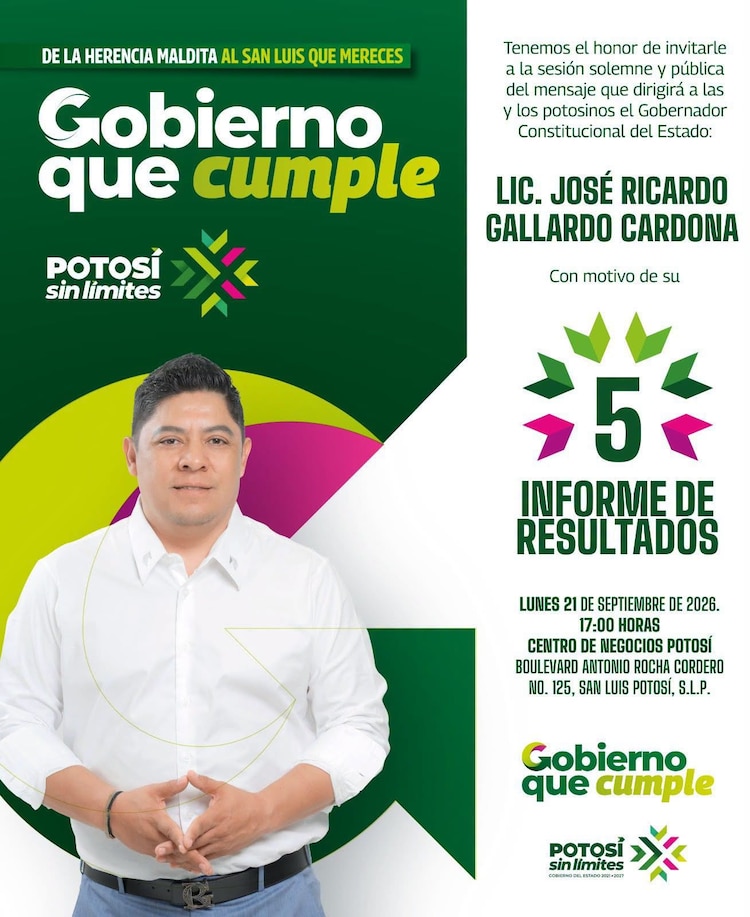 Invitación del Gobierno de SLP al V Informe de Ricardo Gallardo.