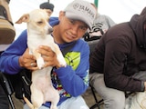 Un joven carga a un perro durante un evento de la alcaldía, este año.