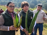 Rosa Icela Rodríguez, titular de la Segob (izq.), y Delfina Gómez, gobernadora de Edomex (der.) durante su participación en la Jornada Nacional de Reforestación.