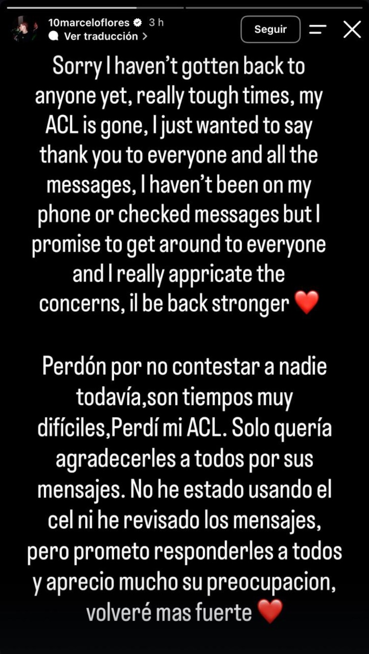 El mensaje de Marcelo Flores tras su lesión.