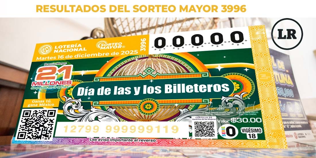 Resultados Sorteo Mayor 3996 del 16 de diciembre del 2025 de Lotería Nacional.