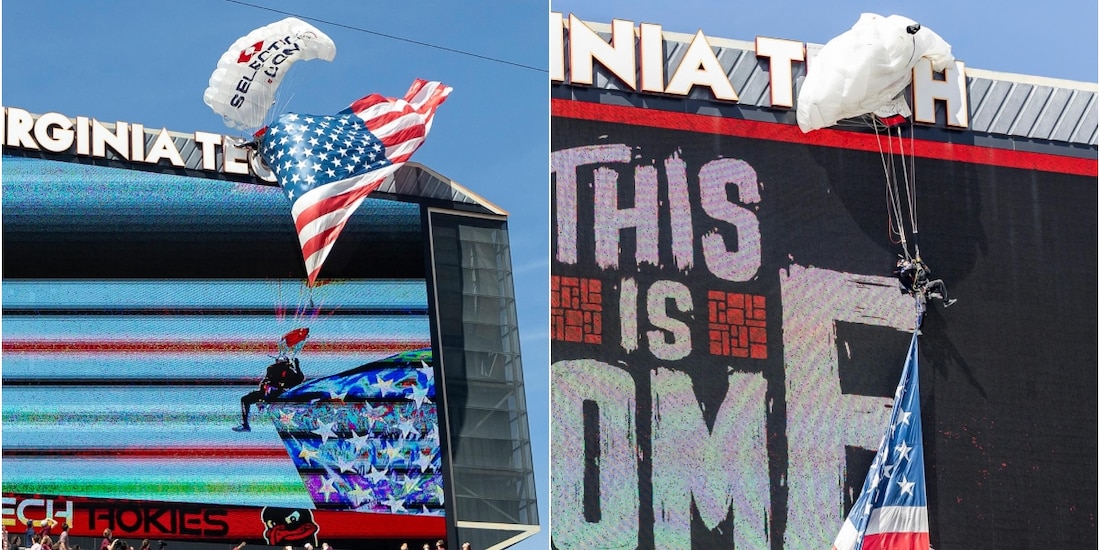 Paracaidista se estrella en el marcador del Lane Stadium en Virginia, Estados Unidos.