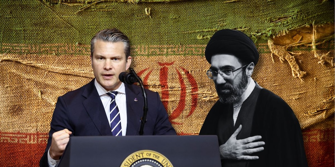 Pete Hegseth, secretario de Guerra de EU (izq.) anuncia que el nuevo líder supremo de Irán, Mojtaba Jamenei (der.), está gravemente "herido".