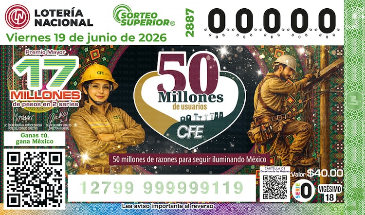 El billete del Sorteo Superior 2887 está dedicado al CFE. 50 millones de usuarios.