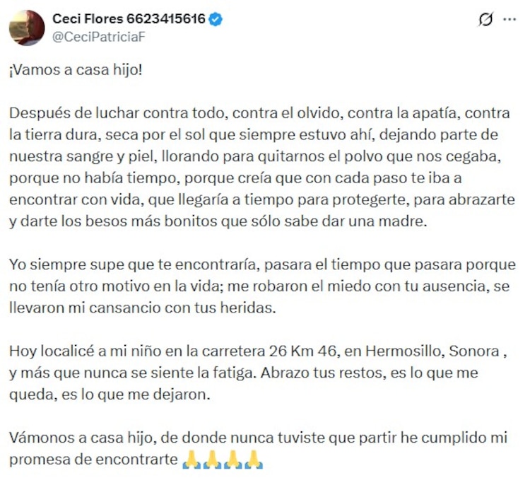 Mensaje de Ceci Flores, donde anunció el hallazgo de quien podría ser su hijo Marco Antonio.