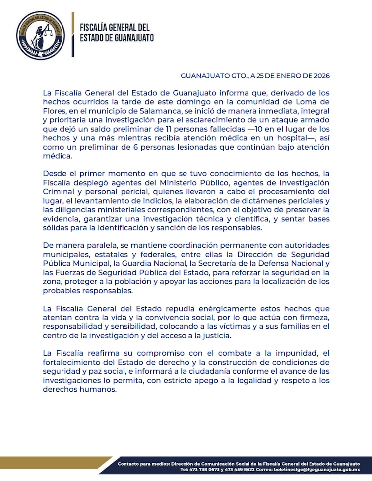 Comunicado de la Fiscalía de Guanajuato sobre el ataque armado en Salamanca.