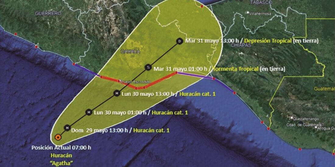 La trayectoria que seguirá Agatha, en una imagen difundida por el SMN, ayer.