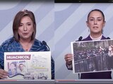 Los candidatos Xóchitl Gálvez y Claudia Sheinbaum, anoche, en diversos momentos del debate.