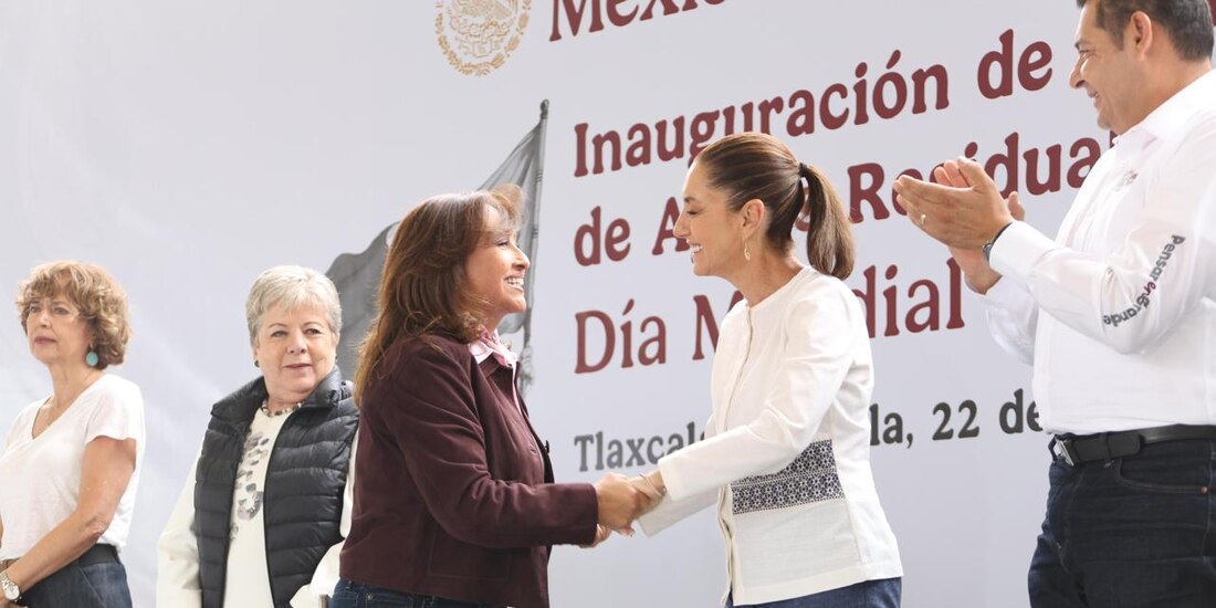 Claudia Sheinbaum y Lorena Cuéllar inauguran proyectos de saneamiento y educación en Tlaxcala.