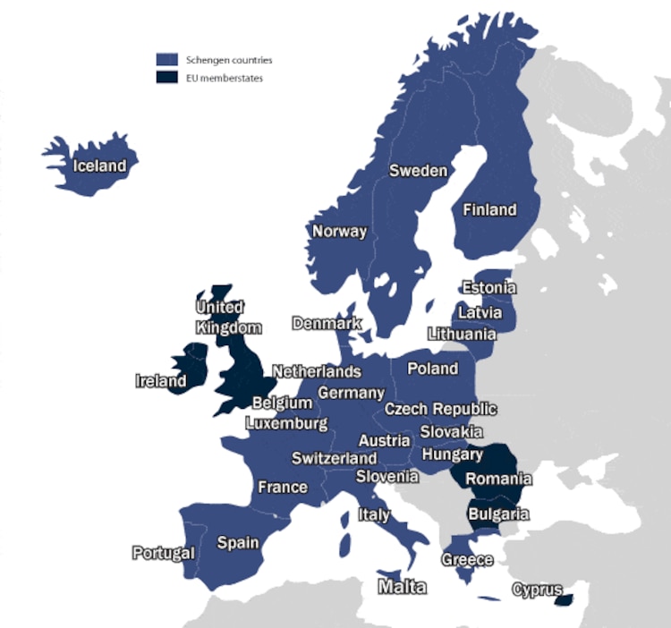 Un mapa del espacio Schengen.