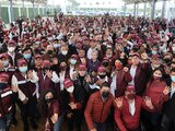 Líderes territoriales, alcaldes y legisladores, con Delgado en Tamaulipas, el sábado.