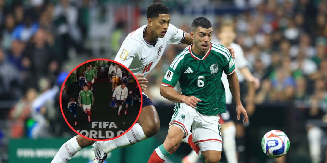 Erik Lira y Jude Bellingham pelean un balón en el Estadio Azteca.