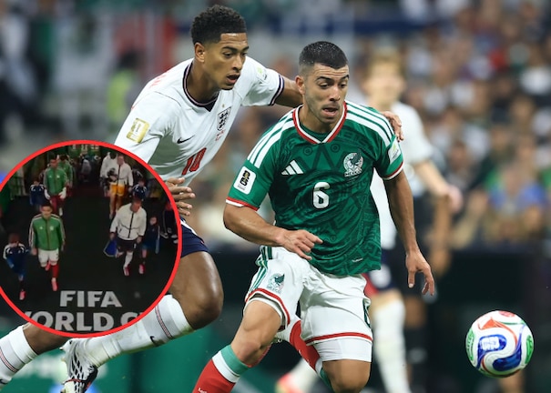 Erik Lira y Jude Bellingham pelean un balón en el Estadio Azteca.
