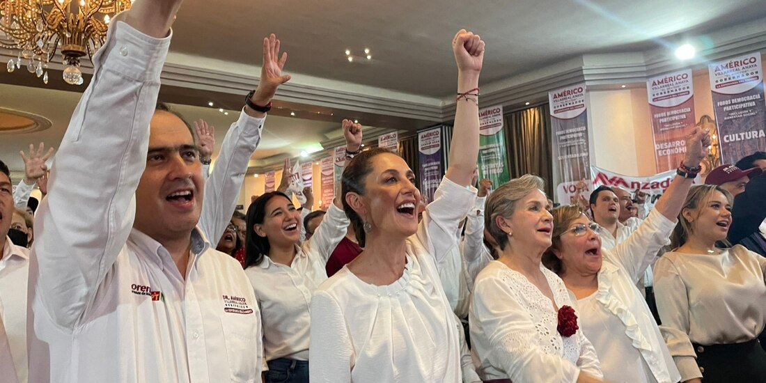 La jefa de Gobierno, Claudia Sheinbaum, durante su visita a Tamaulipas en apoyo de la campaña electoral del candidato a la entidad, Américo Villarreal.