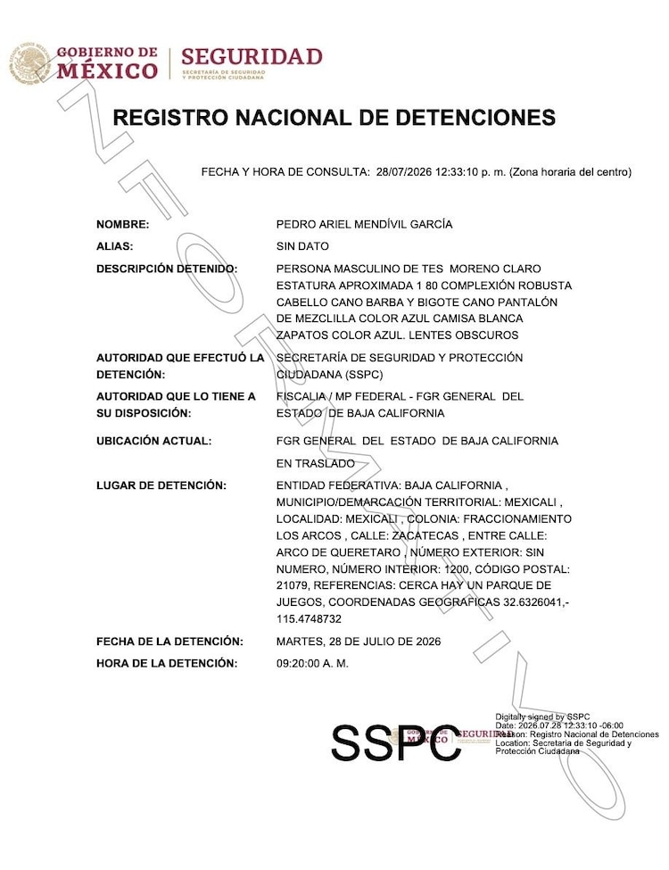 Registro de la detención de Pedro Mendívil