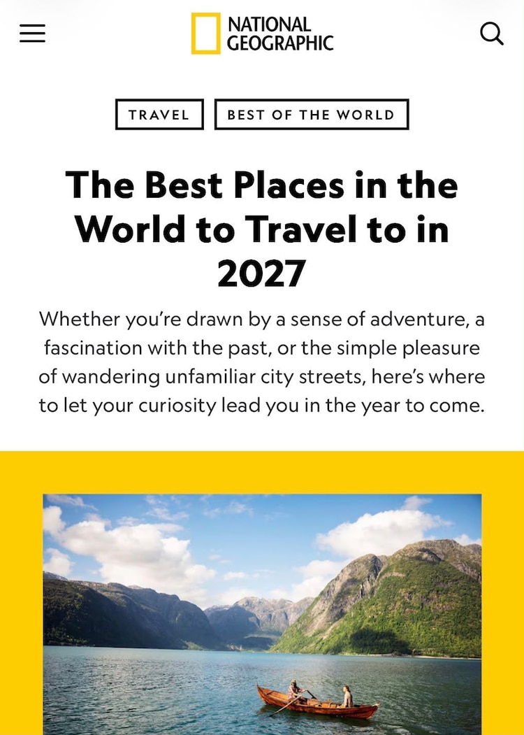 Artículo de National Geographic destaca los mejores destinos turísticos del mundo.