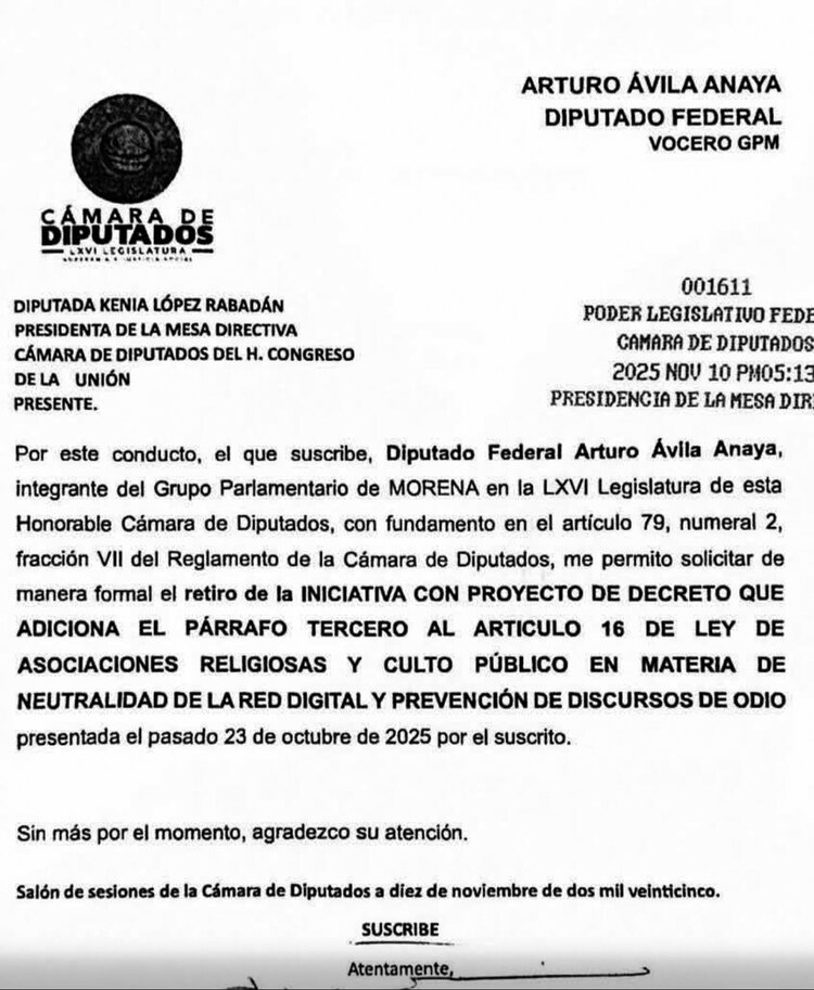 Oficio para retirar la iniciativa sobre asociaciones religiosas.