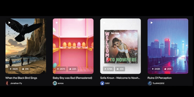 Algunas canciones generadas con IA en Suno. Suman miles de reproducciones.