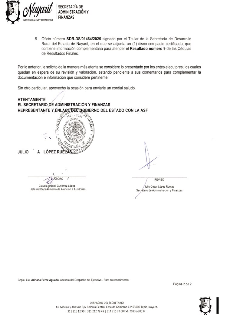 Oficio presentado por la autoridad estatal que buscaba atender observaciones de la Auditoría Superior de la Federación, pero que no fue suficiente para aclarar o justificar las puntualizaciones que hizo el ente fiscalizador.