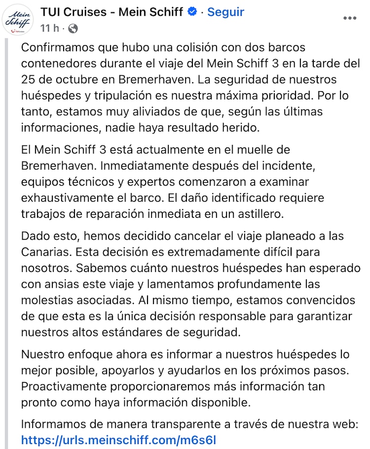Comunicado de TUI Cruises