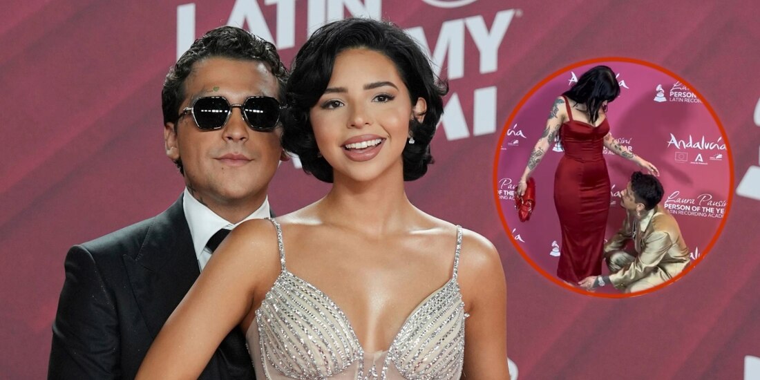 Christian Nodal acomoda el vestido de Ángela Aguilar y desata críticas por haber hecho lo mismo con Cazzu.