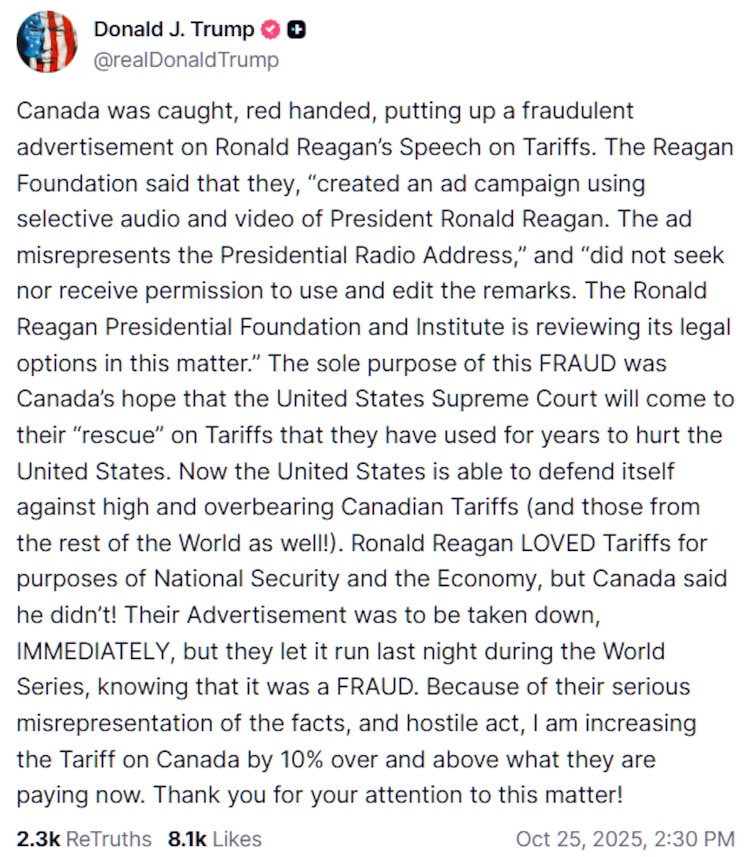 Trump impone un arancel adicional del 10% a Canadá.