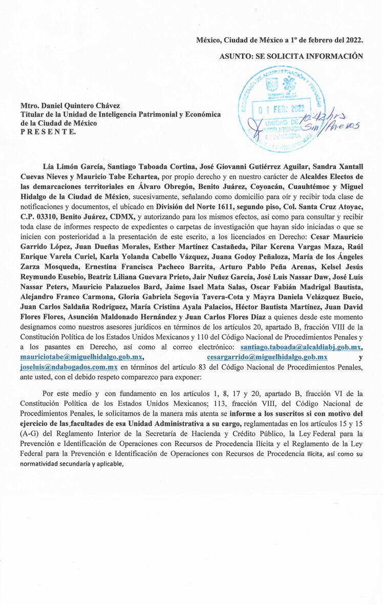 El documento fue presentado ante la Unidad de Inteligencia Patrimonial y Económica de la Ciudad de México (UIPE) por supuesta investigación en su contra
