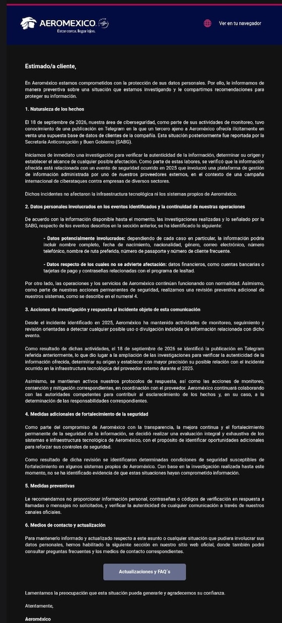 Aeroméxico investiga posible exposición de datos