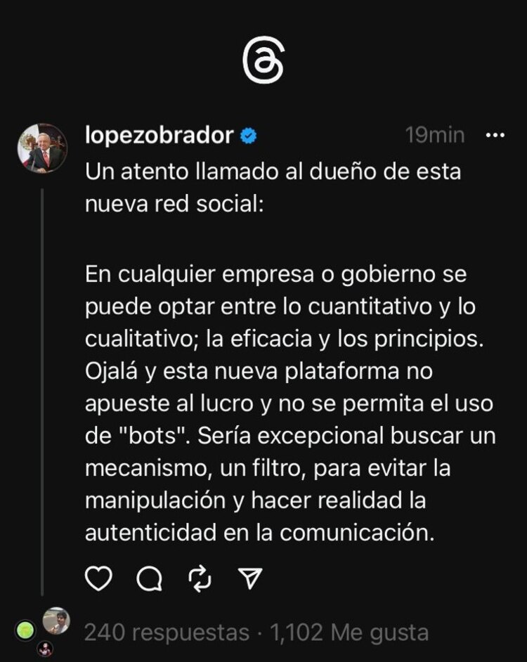 Primer mensaje de AMLO en Threads.
